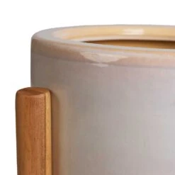 Anzio Plant Pot With Wooden Stand - Stone White 12 Anzio Plant Pot With Wooden Stand - Stone White -Greencore Store Anzio Plant Pot with Wooden Stand Stone White 2