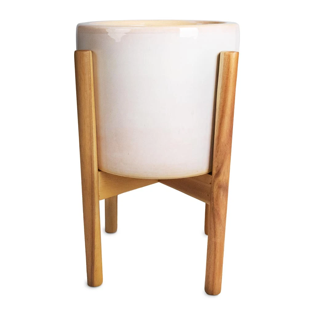 Anzio Plant Pot With Wooden Stand - Stone White 3 Anzio Plant Pot With Wooden Stand - Stone White