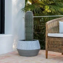 Low Harley Plant Pot - Ridged White Stripe -Greencore Store Ridged Low Harley Plant Pot White Stripe Large Cactus